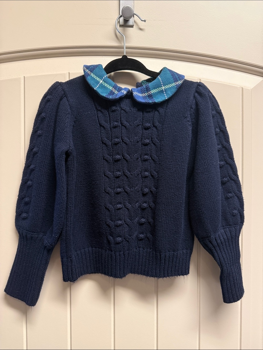 Janie and Jack Navy Cable-Knit Sweater with Plaid Peter Pan Collar